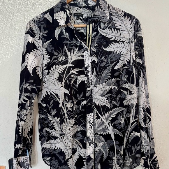 Talbots Black and White Leaf Print Button Down Shirt - Picture 1 of 6